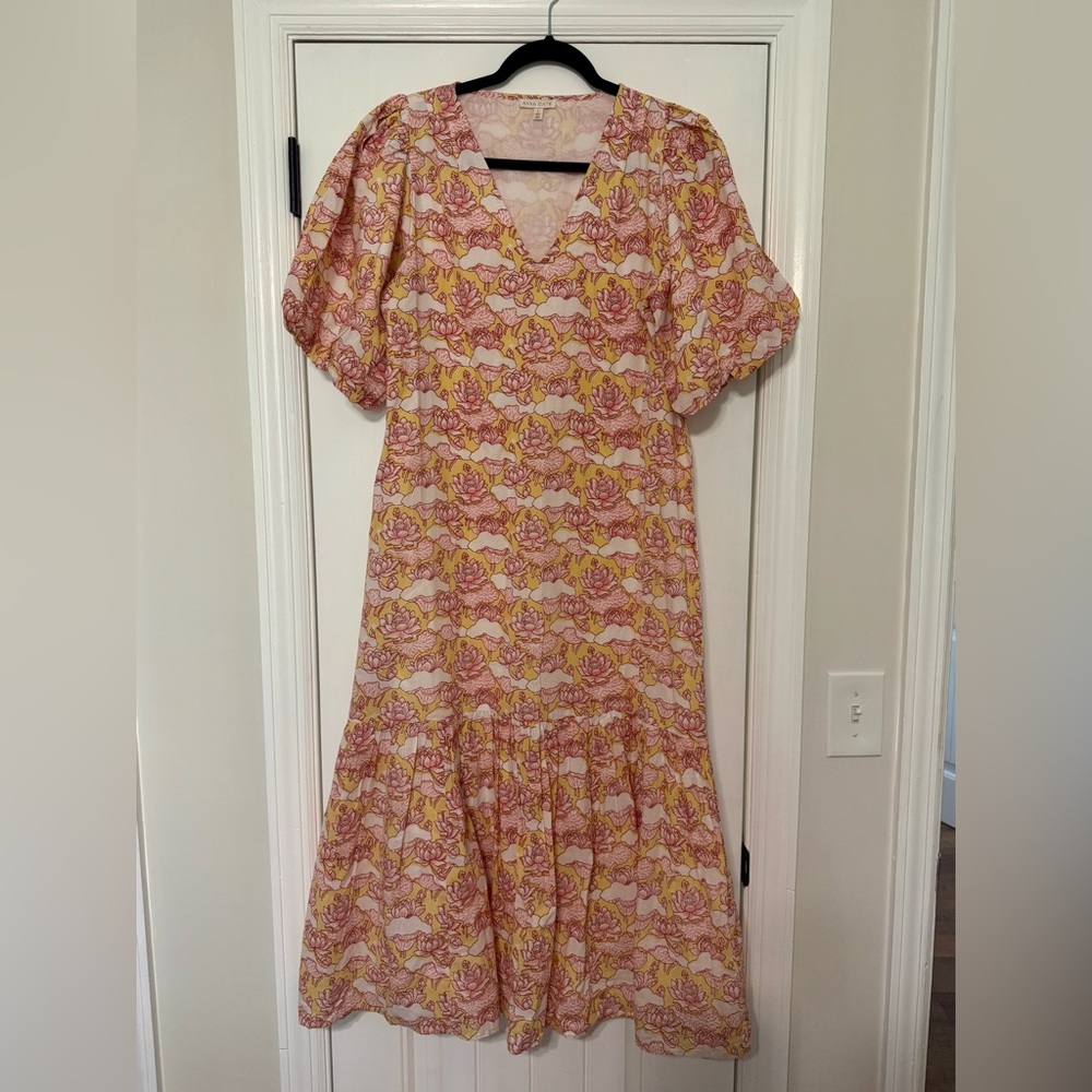 Anna Cate Floral V-Neck Puff Sleeve Midi Dress in Pink and Yellow